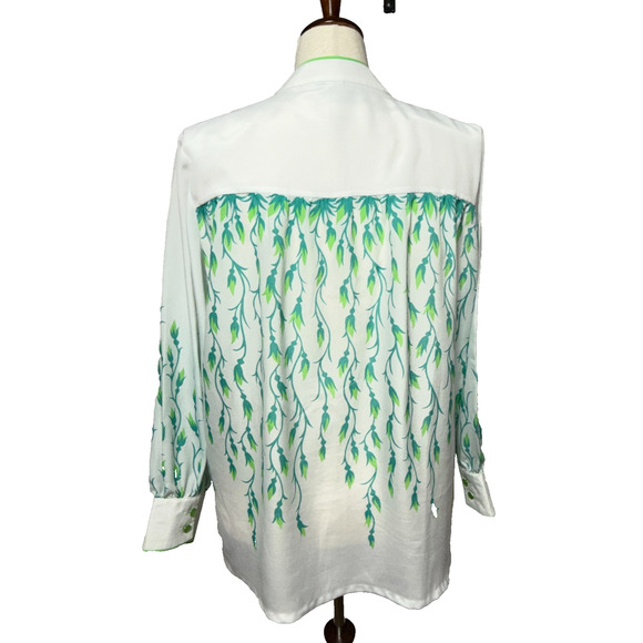 Bob Mackie Top 1X Wearable Art White Green Blue Leaf Print Button Up Career - Picture 2 of 8